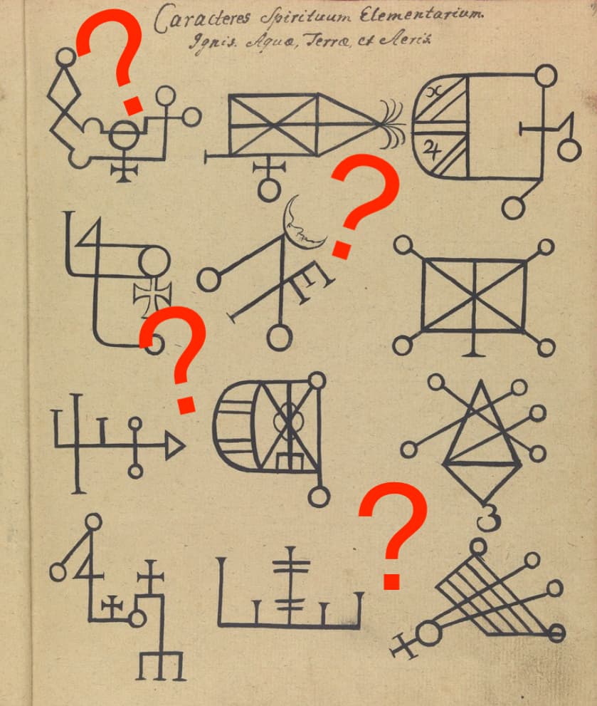 A page from a 1057 AD book about magic, containing a grid of strange magic diagrams. I've drawn in red question marks on top of some of the diagrams, to increase the confusion.
