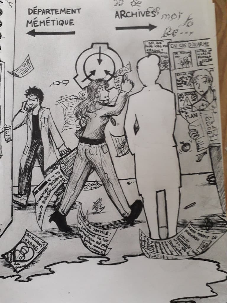 An ink pen drawing of Marion Wheeler pacing through the Antimemetics Division, reading an SCP document, while some curious staff members (and the forgotten outline of one) look on. 