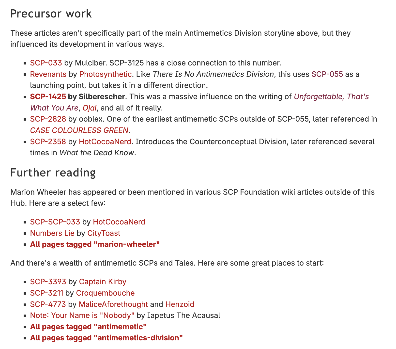 A list of precursor stories curated by qntm, as well as a list of 'Further Reading' stories created by others in the community. Click the link below to be taken to the actual page containing these lists.