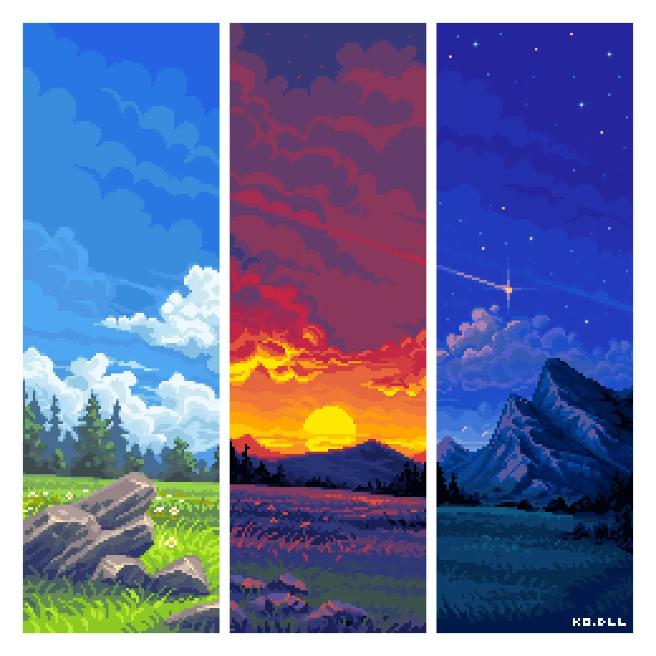 A pixel art triptych of the same scene of a mountain meadow presented in morning, afternoon, and night.