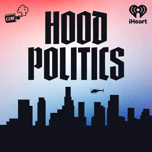 The logo of the Hood Politics. A stylized city skyline against a pink blue sky. The podcast title is on top of it.