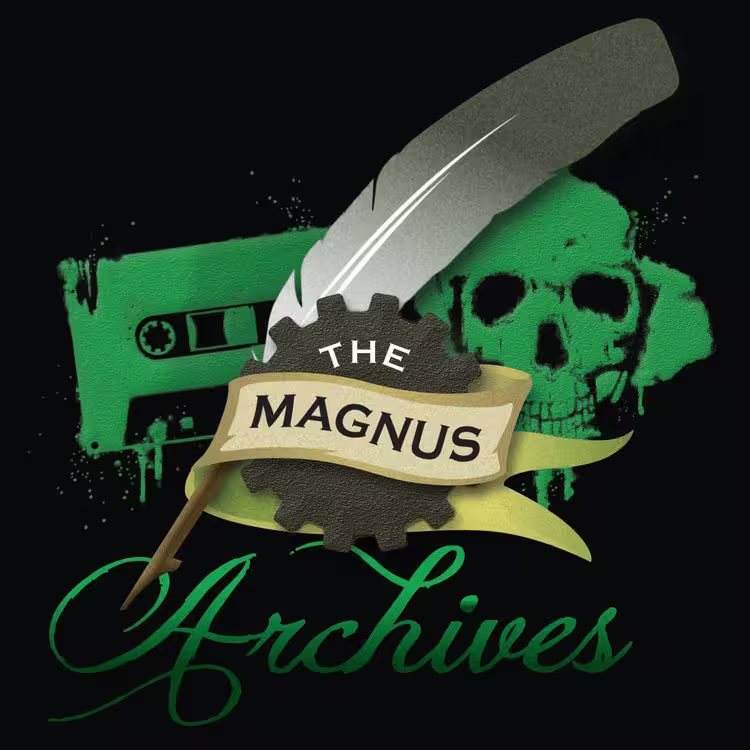 The logo of the Magnus Archives. A skull in front of a cassette tape, with a feather quill over top. The words 'The Magnus Archives' are below.