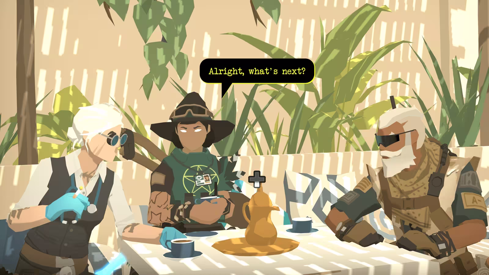 A picture of three of the game's protagonists sitting at a cafe table outside. They have a pot of Turkish/Arabic coffee on the table. One of them is asking 'Alright, what's next?'.