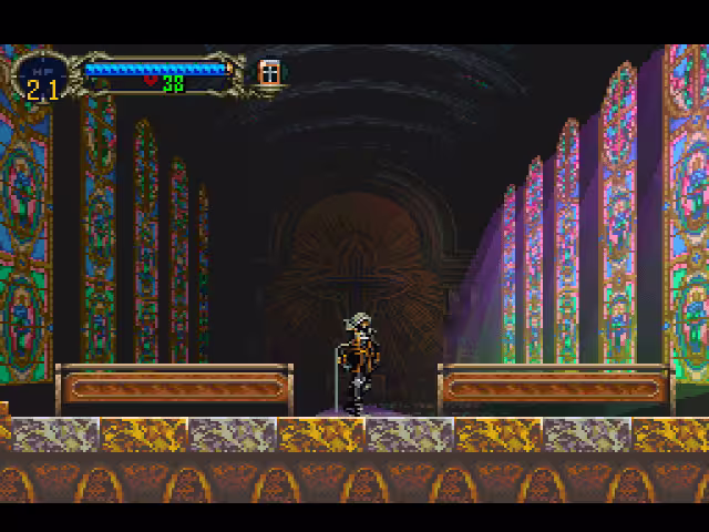 A pixel art Vampire (Alucard) standing in a room with stained glass windows.