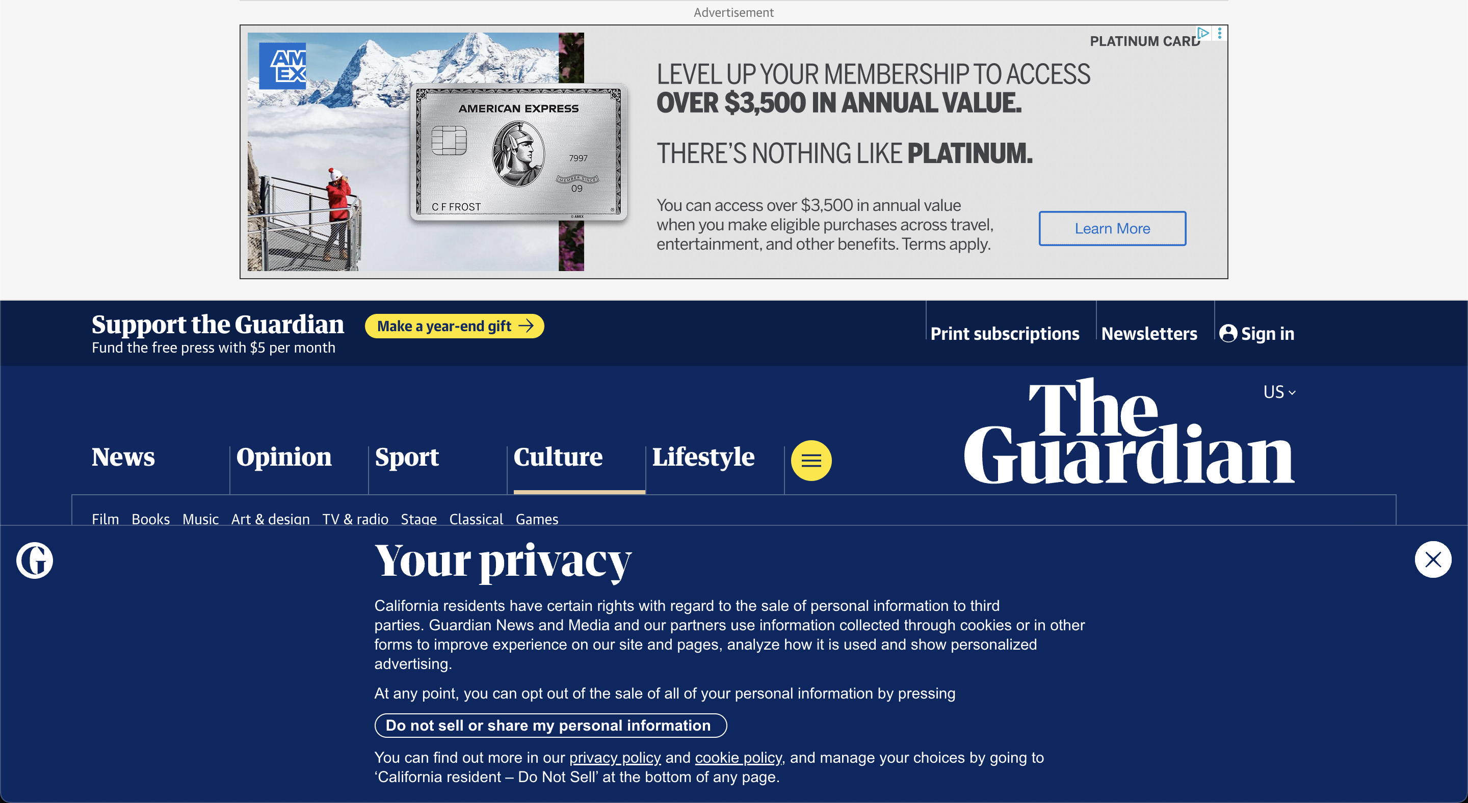 the guardian page, with a full banner American Express ad taking up the top third of the screen, followed by the generic Guardian header taking up the next third, and finally a 'Your privacy' popup taking up the last third. None of the text of the actual news article is visible.
