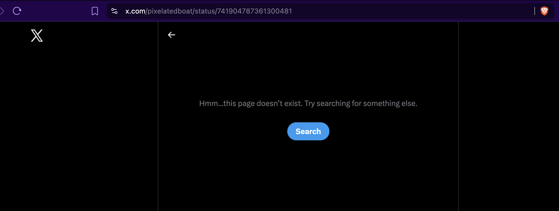 a twitter not found page with the unhelpful text 'Hmm... this page doesn't seem to exist. Try searching for something else.'