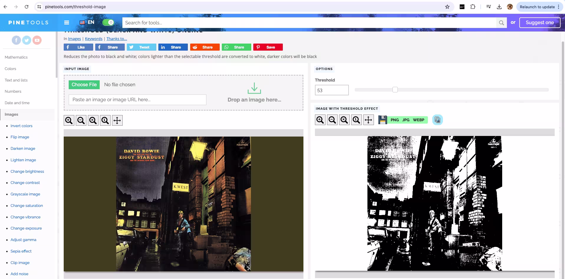 A screenshot of the pinetools threshold website, with the original album art being rendered in black and white with a luminence threshold of 53. In it, you can see the same face that my script produced.