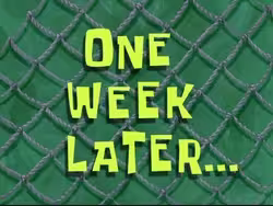 A picture from Spongebob Square Pants of the text 'One Week Later...' on top of a green background.