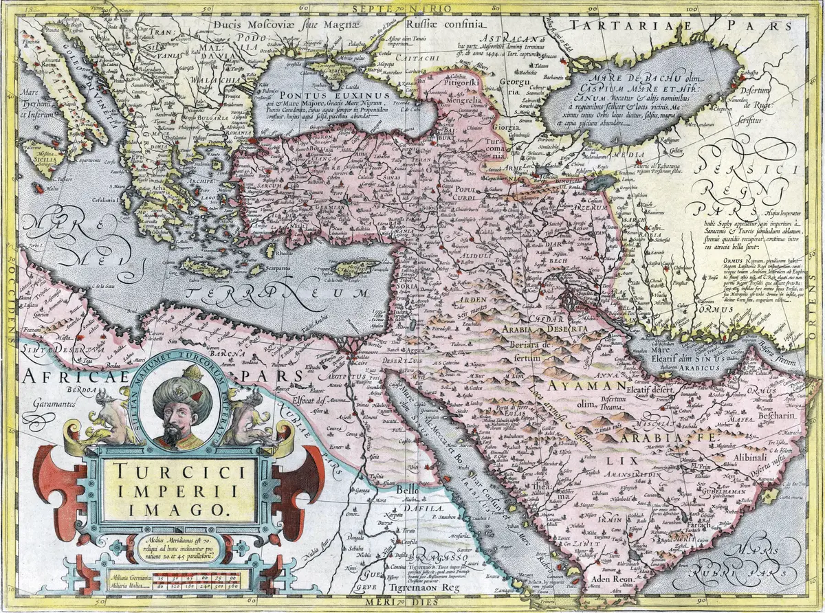 A map of the Ottoman Empire, showing the Arabian Peninsula with an accurate description of the Ottoman Empire in Asia and Africa, and with many details about the Arabian Peninsula and the Persian Gulf region. It was published in Latin in 1606 and drawn by Jodocus Hondius based on the map of the famous Belgian cartographer Gerhard Mercator with some modifications. It is hand-colored, and the title is decorated with a drawing of one of the Ottoman sultans. Relief shown pictorially., Hand colored., The map has a decorative cartouche with the portrait of Ottoman Sultan Mahumet Turcorum Imperat 2., Detail is extracted from the maps of the Mercators.