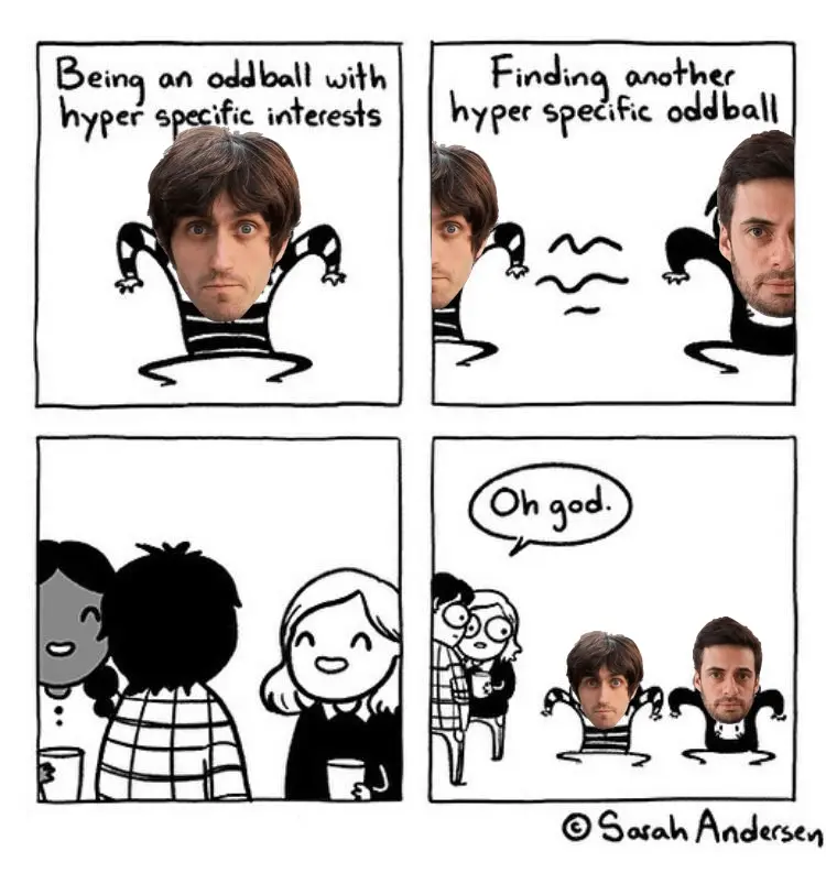 The Sarah Andersen comic about oddballs, where two gremlin people with the photoshopped heads of the Map Men hosts find each other at a party, to the despair of the other party-goers.